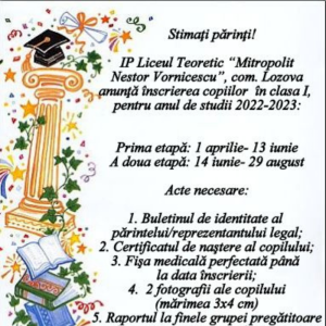 Înscrierea  copiilor  în clasa I în anul de studii  2022 – 2023